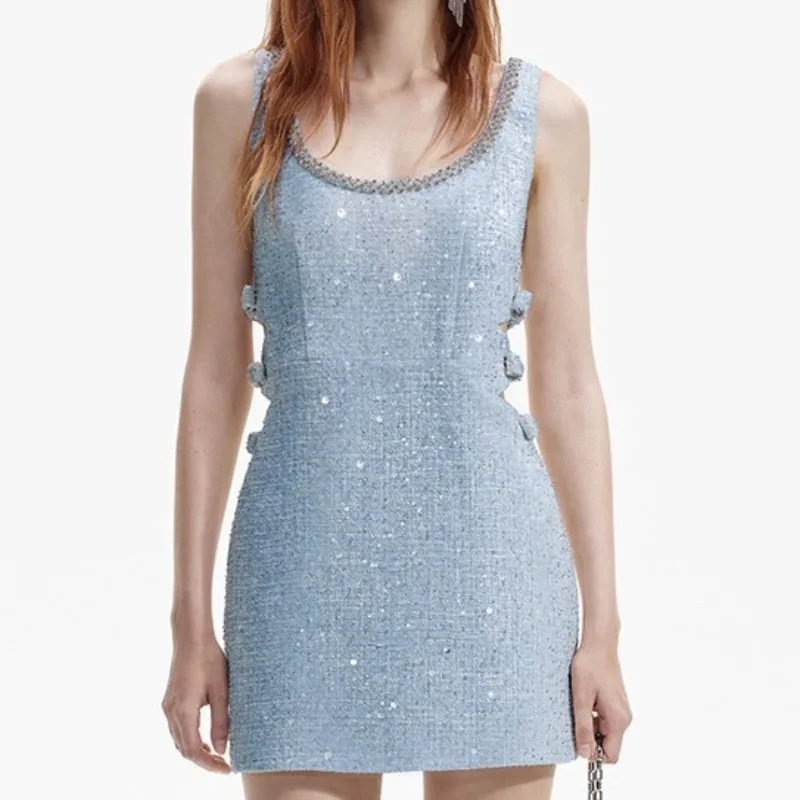

Early Spring 2024 Mist Blue Sequin Diamonds Slip Woman Mini Dress
