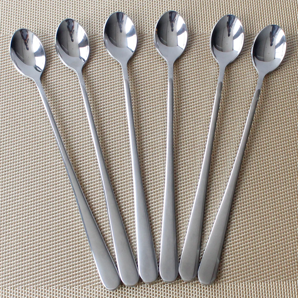 6pcs Long Handle 430 Stainless Steel Dessert Coffee Fruit Juice Stirring Corrosion Resistant Bar Tools 8"