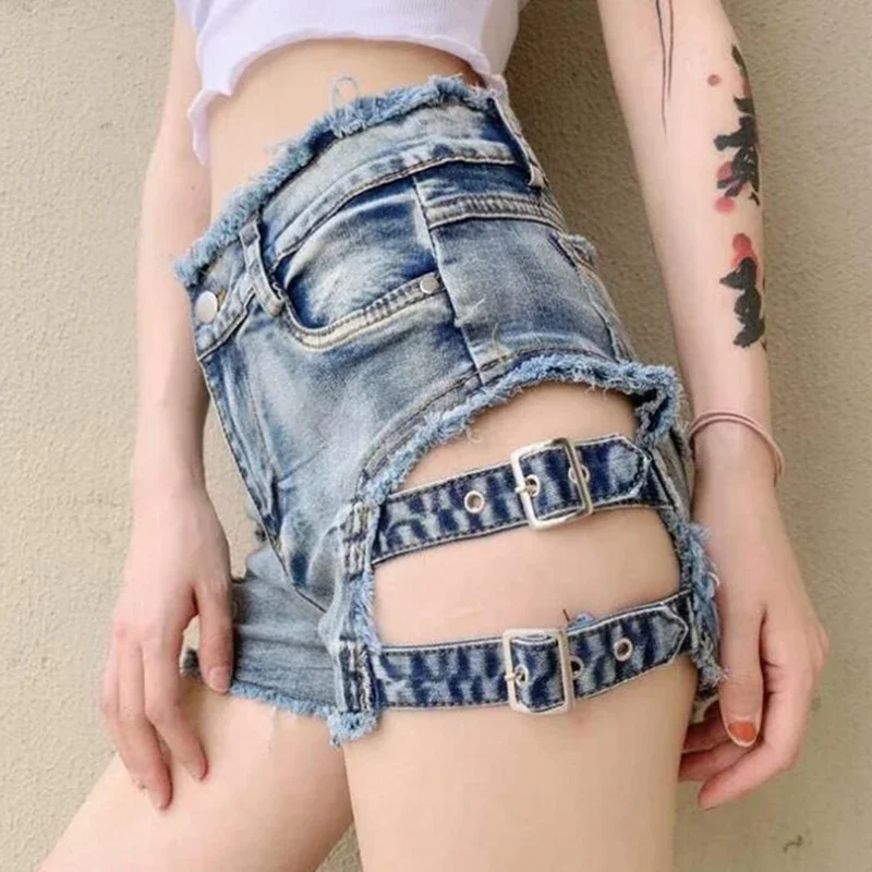New 2023 Summer Punk Sexy Women Denim Shorts Female Hollow Out Spring Skinny Rock Gothic Mid Waist Jeans Shorts