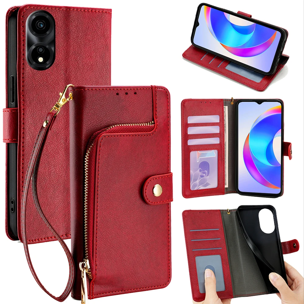 Leather Flip Phone Case with Zipper Wallet, Card Slots, and Lanyard