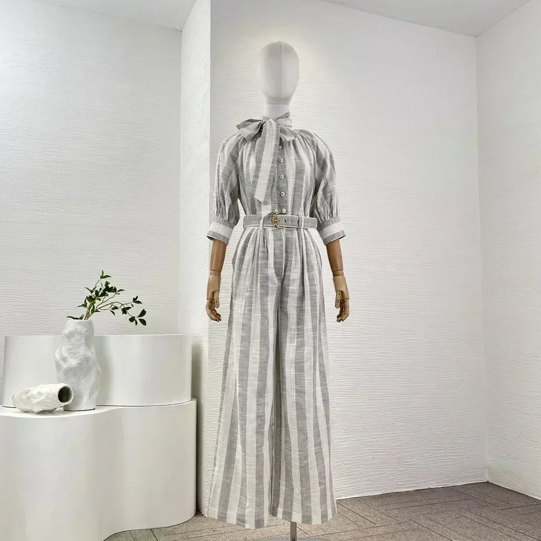 

Top Quality New White Stripe Half Sleeve Belt Blouse Tops and Wide Leg Pants Trousers Women Casual Set