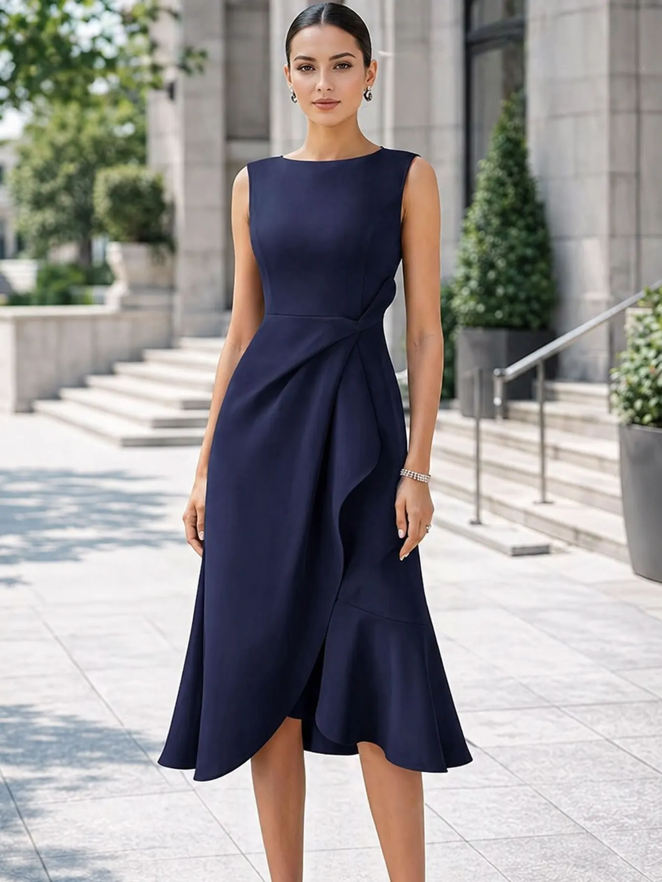 Elegantes Damenkleid mit O-Ausschnitt, Ärmellos, Sommerliches Halbarmkleid, Schmal Geschnitten, mit Rüschen, Unregelmäßig Geschnittenes Urlaubskleid, A-Linie