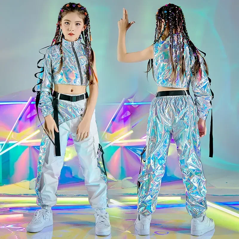 

Festival Crop Tops Cargo Pants Catwalk Show Costume PU Hip-Hop Dance Clothes Reflective Rave Outfit Girl Sets Jazz Dancewear