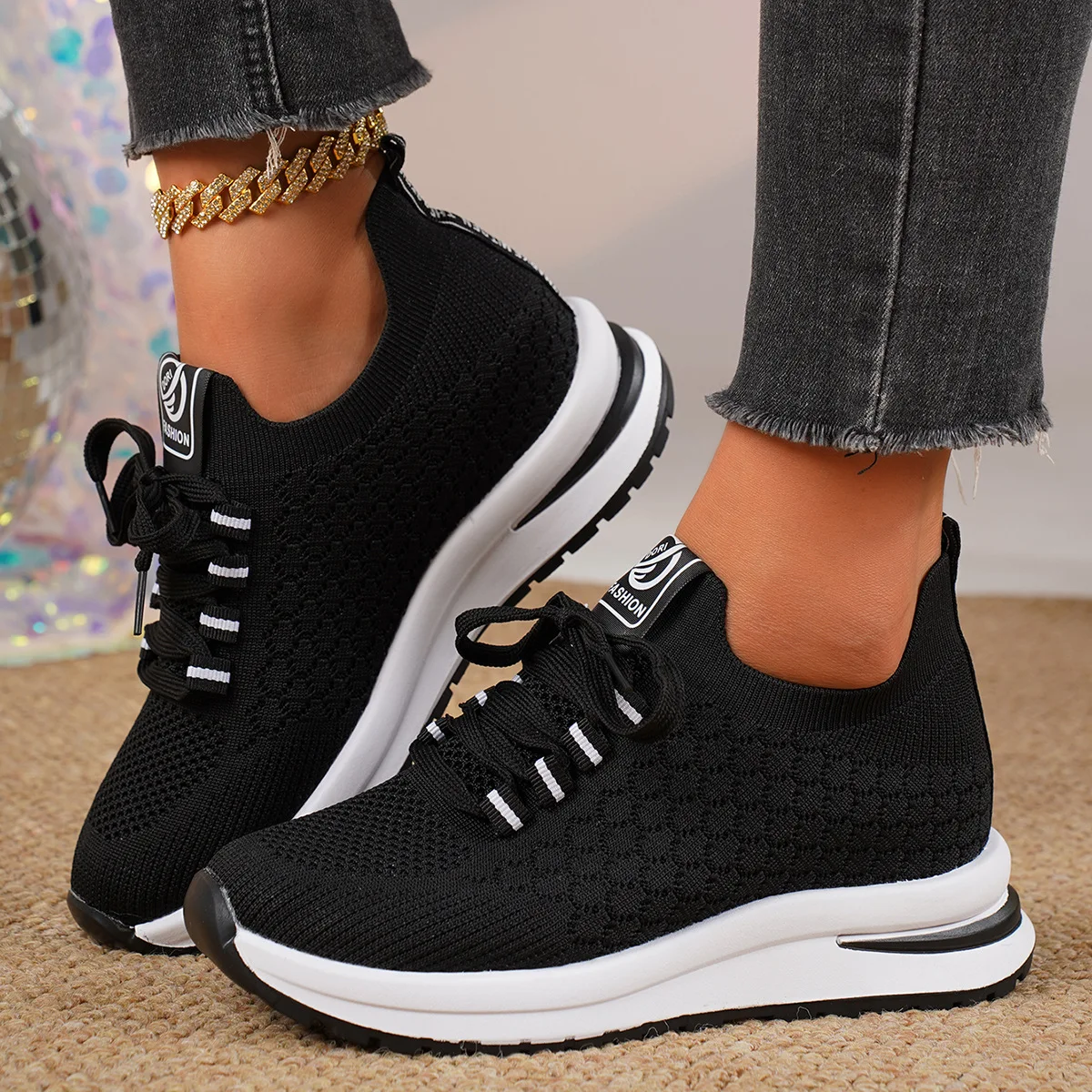 Women's Casual Lace-up Shoes Summer New Style Heightening Anti-Slip Thick Heel Knitting Mesh Rubber Bottom Sneakers