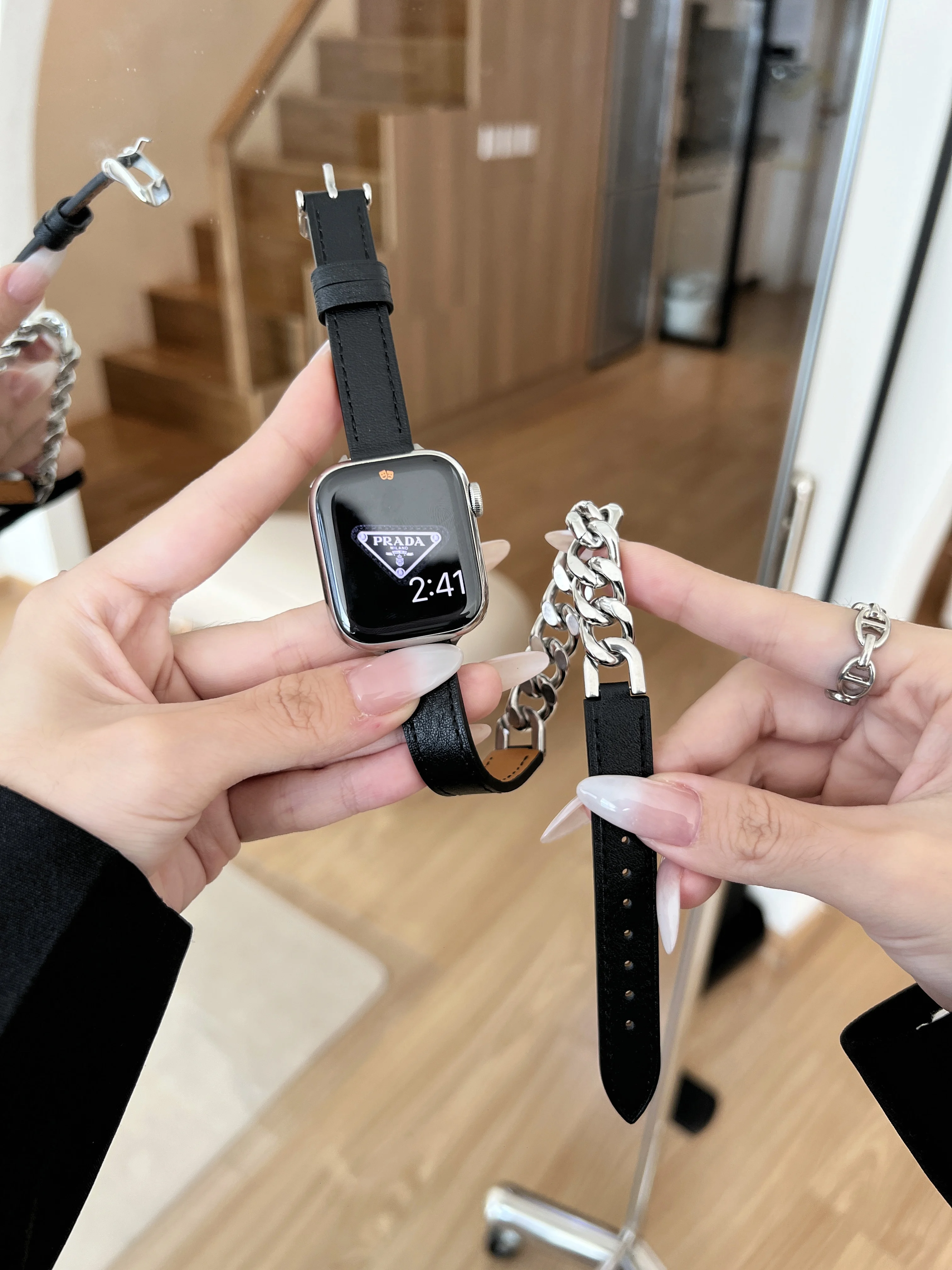 

For Apple Watch S8 strap Double ring stainless steel splicing leather iwatch strap 76SE correa 45 44mm apple watch accessories