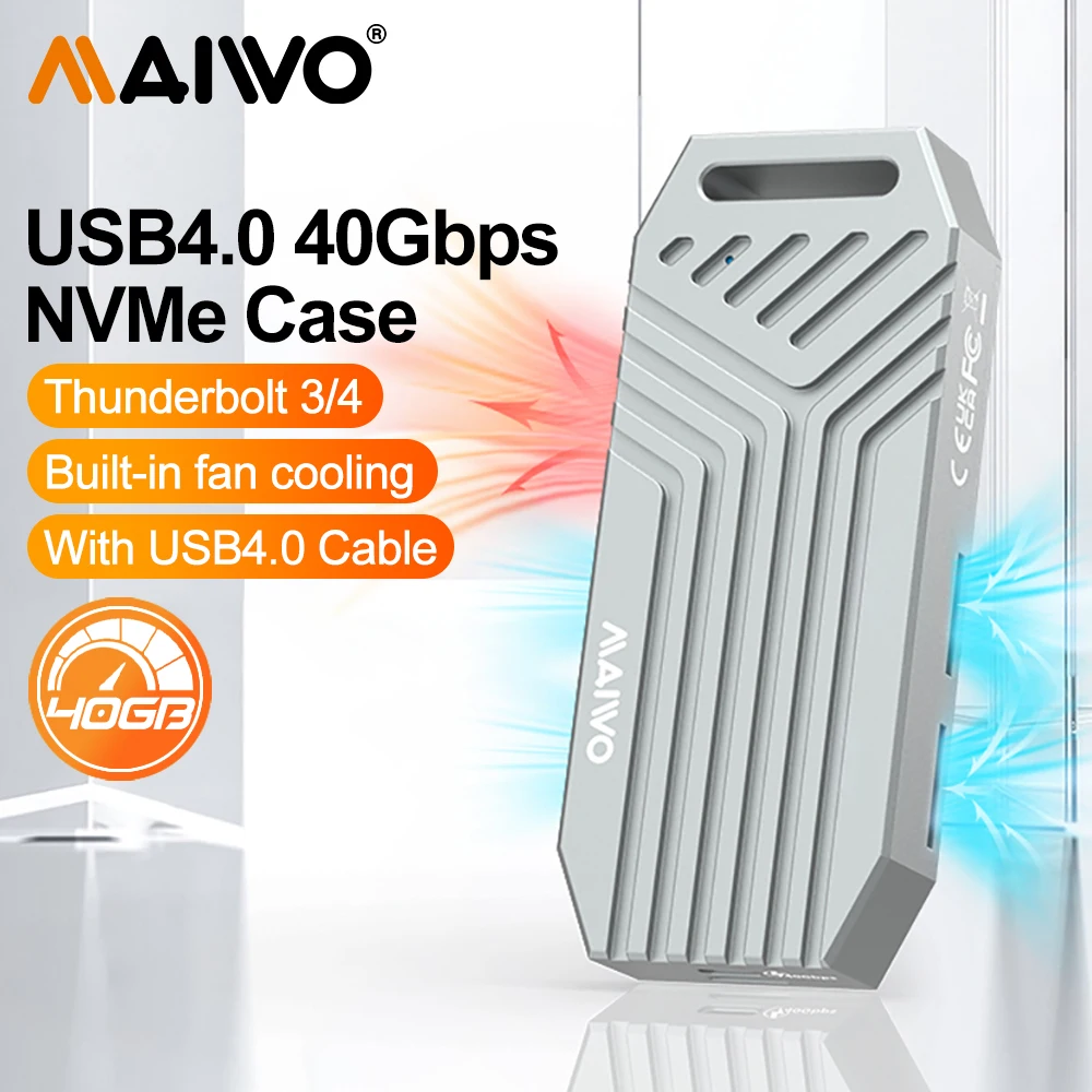 Maiwo-estojo para Unidade de Estado Sólido Gabinete Ssd Thunderbolt 40gbps Tipo-c 4.0 Caixa Rígida de 8tb Ventilador Embutido Usb 4.0 M.2 Ssd Nvme
