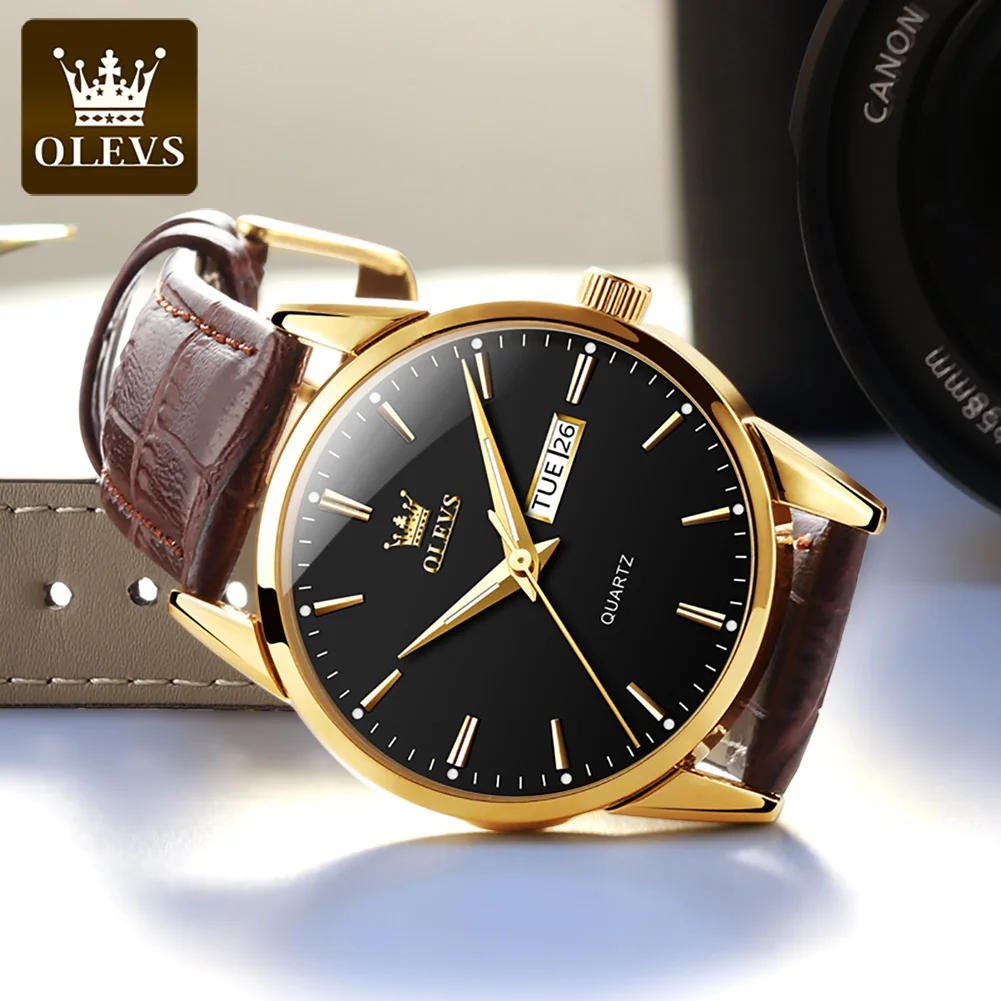 OLEVS 6898 Watch For Men Simple Week Calendar Display Quartz Leather Wristwatch Original 30M Waterproof Luminous Man Dress Watch