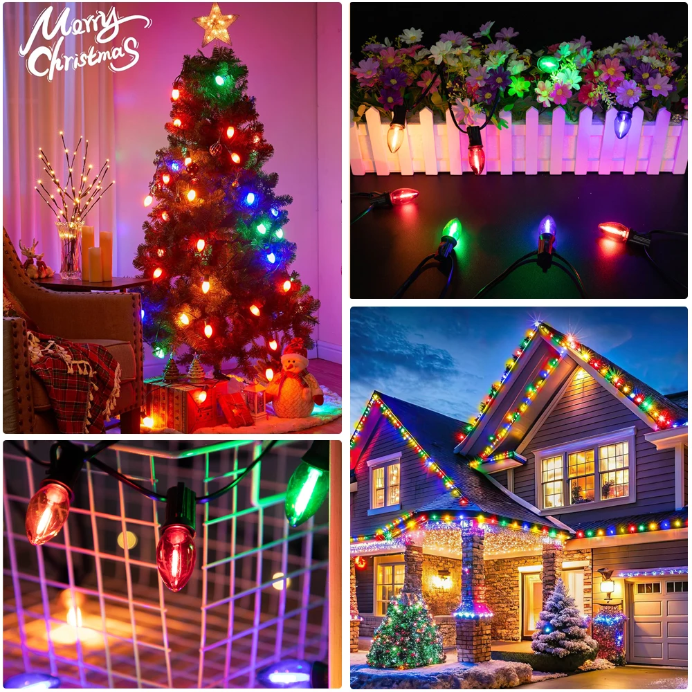 Plastics C7 E12 220V EU 110V US Outdoor LED String Lights Colorful Shatterproof Waterproof Hanging for Garden