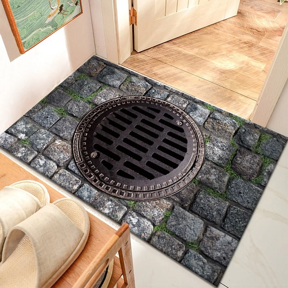 

Trap Cover Cobblestone Doormat Funny Home Washable Rugs Living Room Non Slip Bath Floor Mats 3D Printed Halloween Party Area Rug