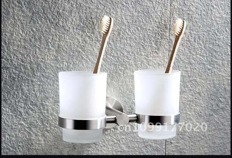 Double Toothbrush Cup Holder Sus304 Wall Steel Glass Wash Bathroom Accessories Cup Holder Mouthwash Stainless Mouth Set