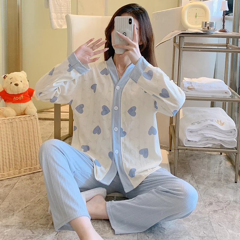 Autumn milk silk pajamas women's jacquard V-neck cardigan button double-length 2-piece pajamas women's simple casual home wear