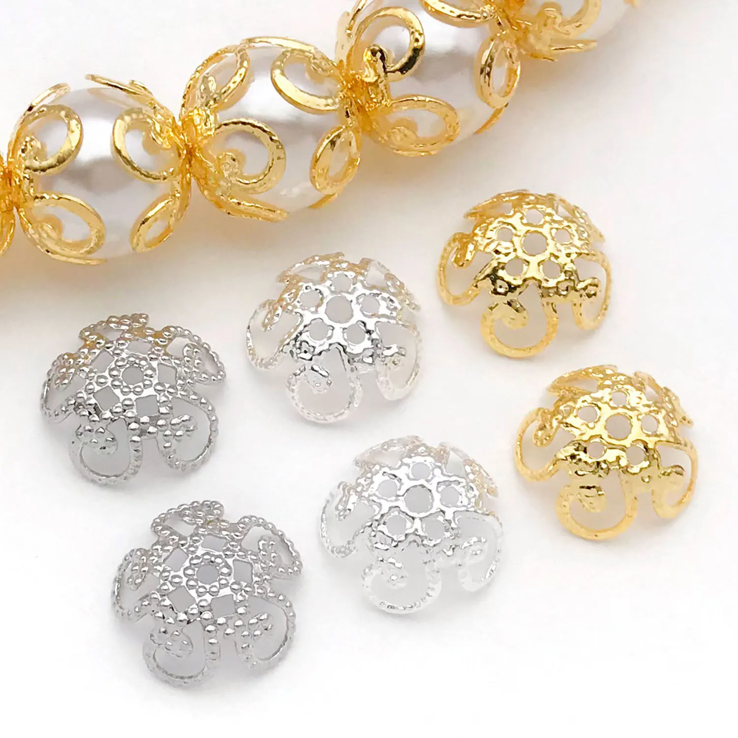 20 قطعة 18K الذهب الحقيقي مطلي النحاس الجوف زهرة حبة قبعات نهاية قبعات خزر عازل فضفاض الخرز DIY بها بنفسك صنع المجوهرات اكسسوارات