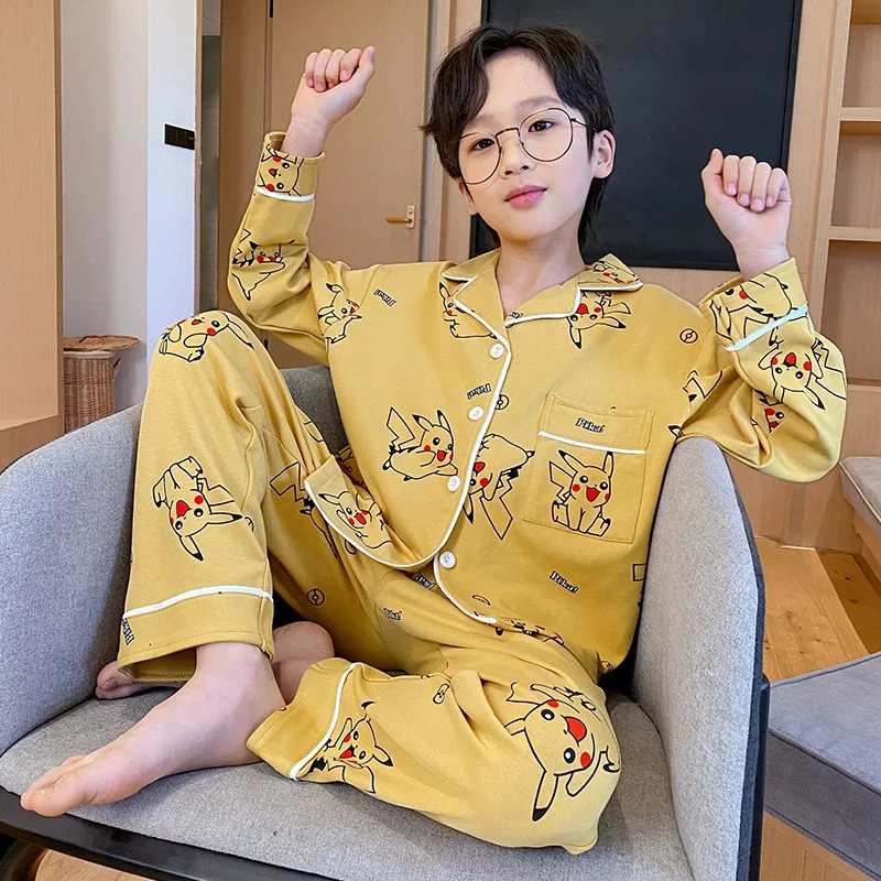 아동용 봄 가을 긴팔 카라 오픈 가디건 잠옷 세트 남아용 편안한 면 폴리에스터 홈웨어