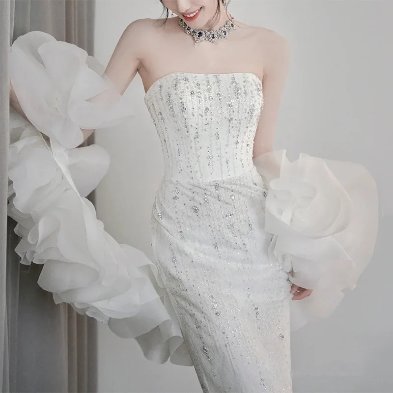 

Fairy Prom Dresses White Sequins Beading Evening Dresses Women Long Mermaid Formal Gowns