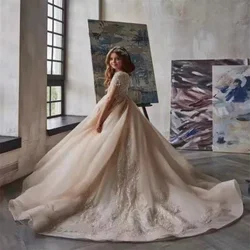 Elegance Champagne Tulle Appliques Sparkly Sequins Beaded Kids Pageant Gowns Birthday Dresses Flower Girl Dresses Wedding