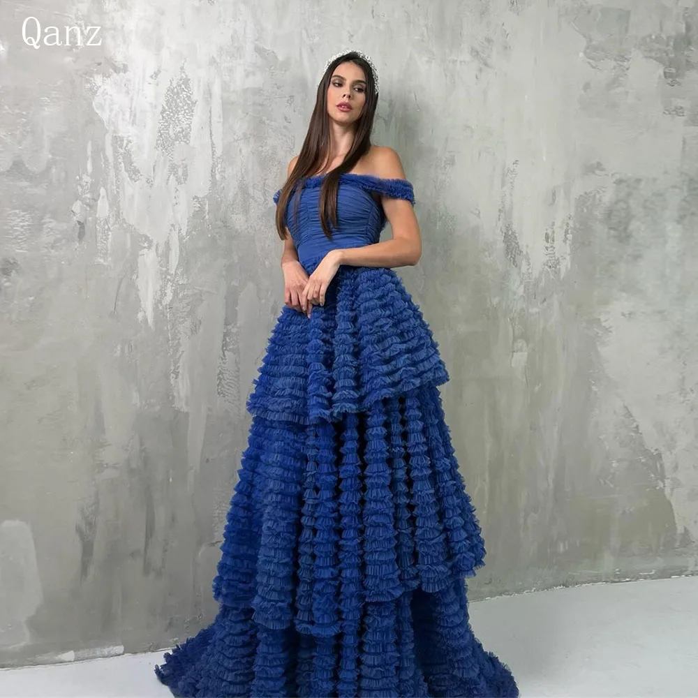

Qanz Blue Dubai тюлевые вечерние платья с открытыми плечами многослойные с рюшами Длинные платья для конкурса для женщин вечерние платья для женщин