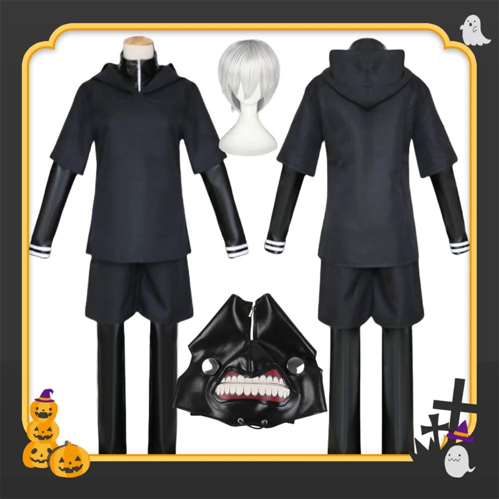

Kaneki Ken Uniform Cosplay Costume Silver White Wig Black Masks Anime Sets