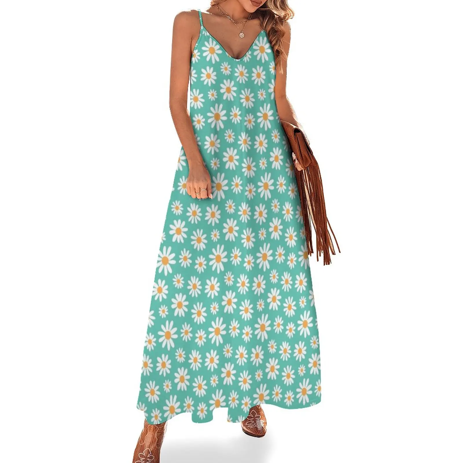 

New Spring daisies floral retro pattern on mint teal green Sleeveless Dress dresses women summer 2023 dress dresses