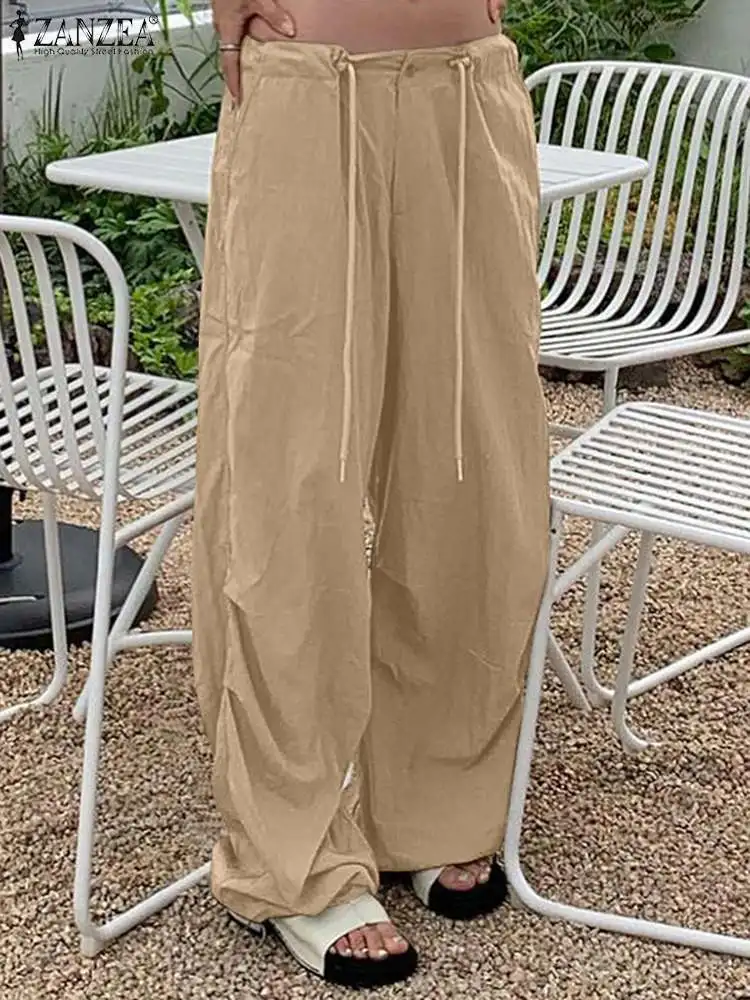 

ZANZEA Women Cargo Long Pants Fashion Drawstring Elastic Waist Pantalon Casual Loose Solid Trousers Streetwear Pleating Pants