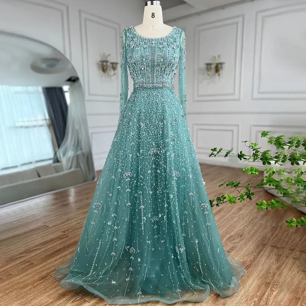 Wasisi Dubai Arabic Nude Designer Luxury Beaded Evening Dresses Customized 2025 Long Sleeves Gowns Wedding Party ELA72088 2