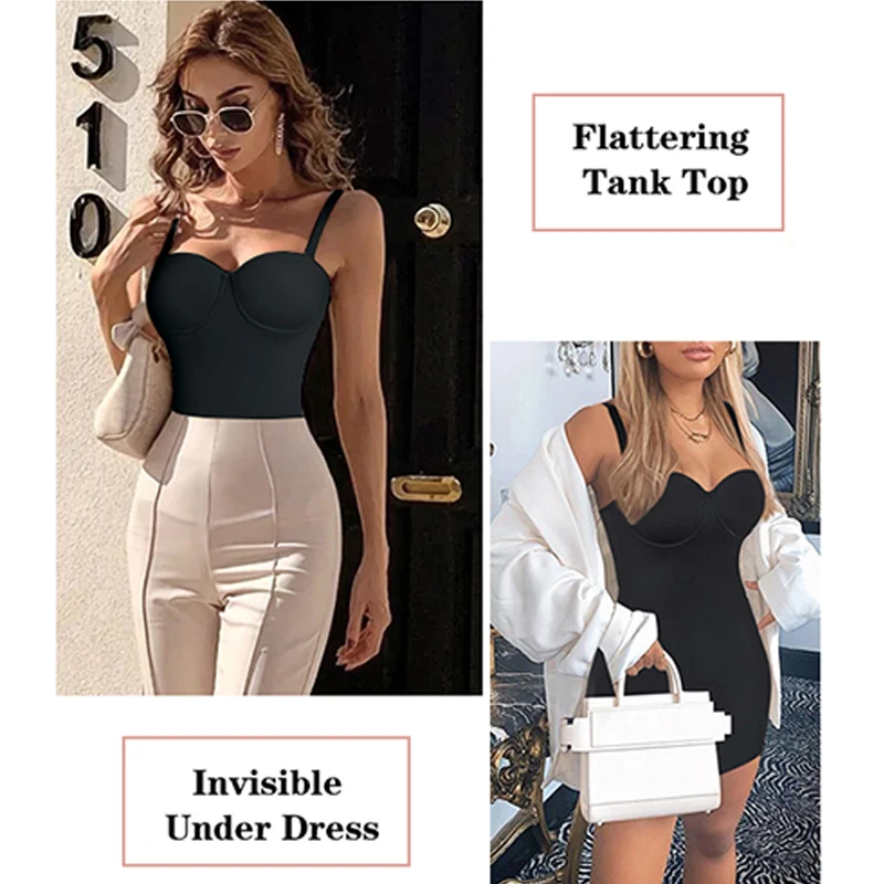 Women Full Slips Basic Under Dress Adjustable Straps Cami Seamless Smooth Tummy Control Body Shaper Built In Bra Deep V Bodycon body shaper