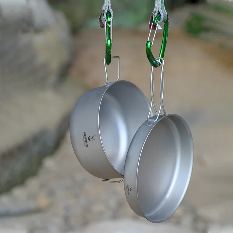 Titanium Pot And Frying Pan Combination 2 Piece Set Outdoor Large Camping Cookware With Folding Handle For Travel Bushcraft