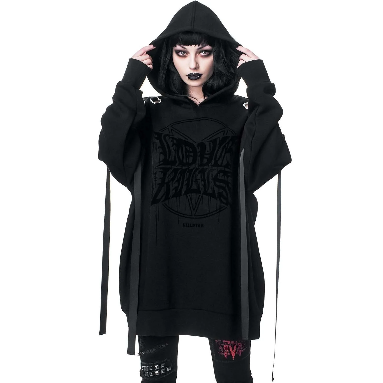 

2022 New Fashion Women Goth Hoodie Letter Printing Lace Patchwork Hooded Collar Gothic Style Dark Ladies Hoodie For Autumn
