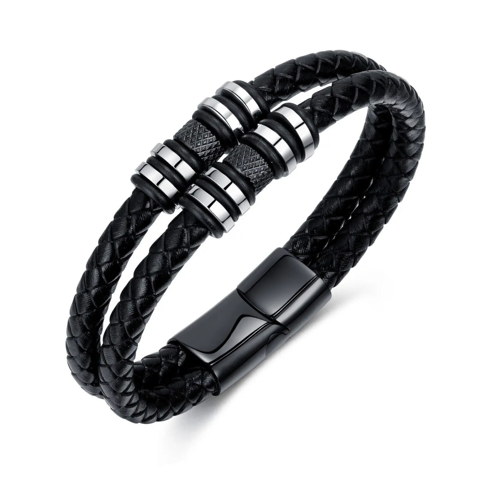 

Hiphop Trendy Black Stainless Steel Handmade Woven Leather Bracelet