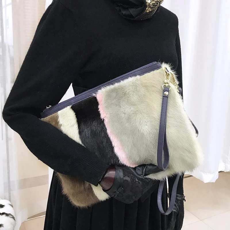 Elegant Luxury Women's Fur Bag High Quality Mink Fur Striped Design Envelope Bag Fashion Trend Plush Square Bag