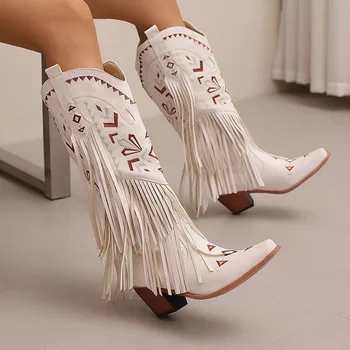 GIGIFOX Retro Tassel Embroidered Cowgirl Mid-Calf Women Western Boots Pointed Toe Chunky High Heel Cowboy Cool All-Match Shoes 1