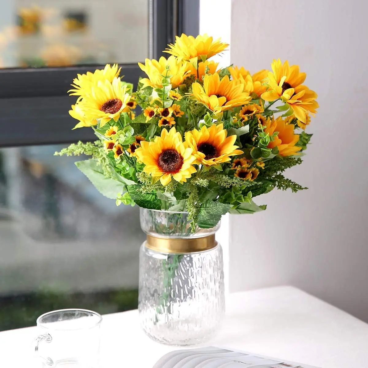 Artificial rose flowers wedding flower decoration plastic long-stem artificial sunflowers 7 heads silk fake flowers for DIY home garden party wedding decor