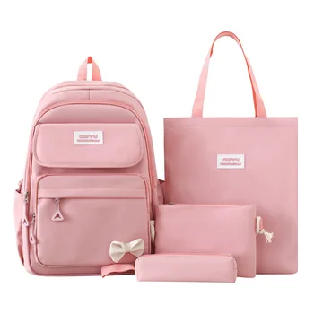 4Pc/set bow Girl Schoolbag Kids Simple style Women Backpack with Pencil Crossbody Bag Teenager Book Handbag Student Kawaii Gift 1