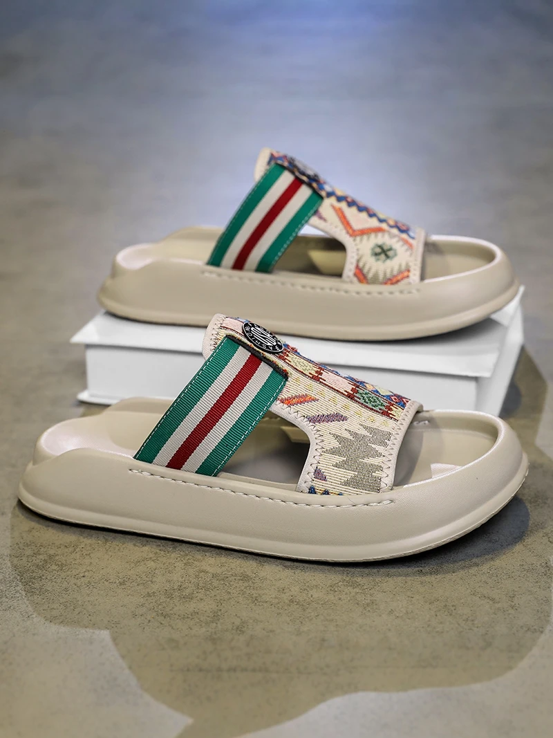 Men's Summer Anti-Slip Wear-Resistant Outdoor Woven Slippers Soft Bottom Casual Indoor Home One-Strap Comfortable Synthetic L...