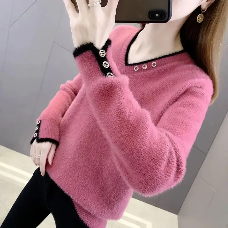 

V-Neck Mink Cashmere Sweater 2023 New Sweater Women's Autumn And Winter Loose With Lazy Padded Knit Keep Warm Bottoming Shirt