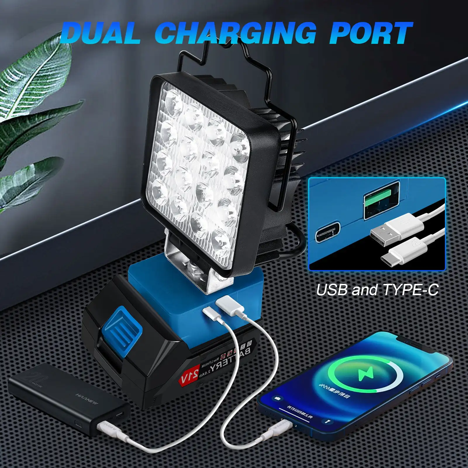 Upgraded 48W LED Cordless Work Light - 4800 Lumens, 18V Battery, Low Voltage Protection & USB/Type-C Ports