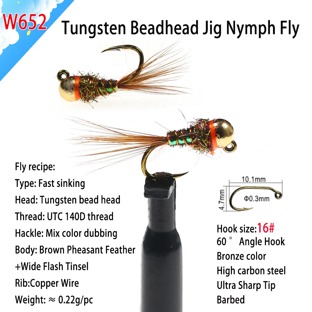 5 Stück/6 Stück # 16 Wolfram-Kugelkopf-Jig-Nymphen-Fliegenhaken mit Widerhaken, schnell sinkende Euro-Wet-Nymphen für Forellen- und Barsch-Angeln, Köder – Detail 3