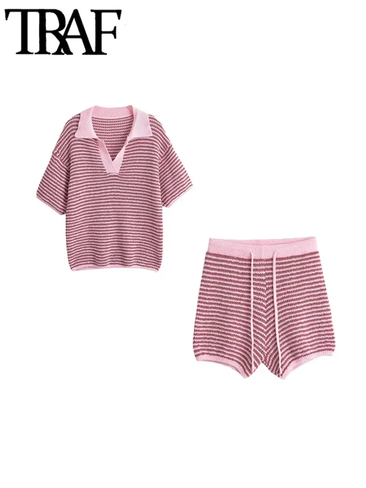 TRAF Women Fashion Polo Collar Striped Loose Knit Sweater And High Elastic Waist Shorts Female Two Piece Sets Mujer 4