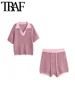 TRAF Women Fashion Polo Collar Striped Loose Knit Sweater And High Elastic Waist Shorts Female Two Piece Sets Mujer 4