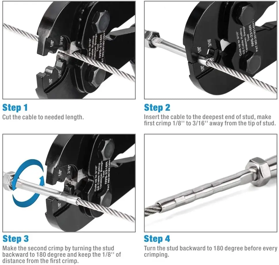 IWISS IWS-2316R Crimping Plier Heavy Duty Cable Railing Deck Swage Tool 1/8to 3/16 inch Stainless Steel Wire Rope Tensioners 6