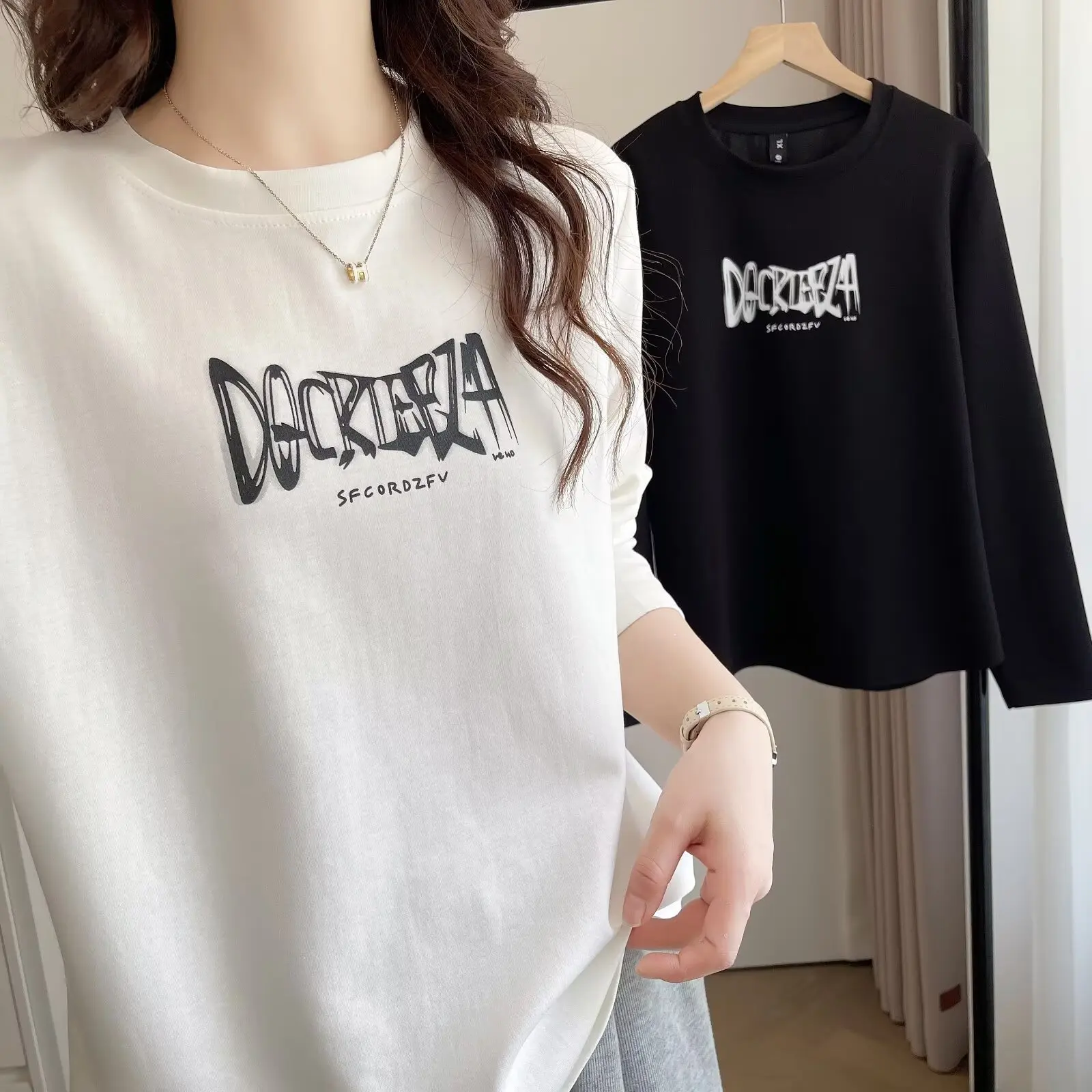 Fashion Plus Size Women's T-Shirt Autumn Basic Student Long Sleeve Print O-Neck Tops 957