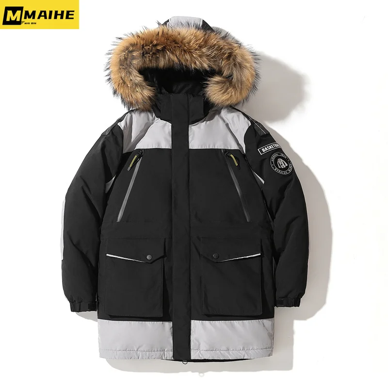 2023 winter fur collar hooded long down jacket men Korean version of fashion white duck down warm coat couple mountain ski wear