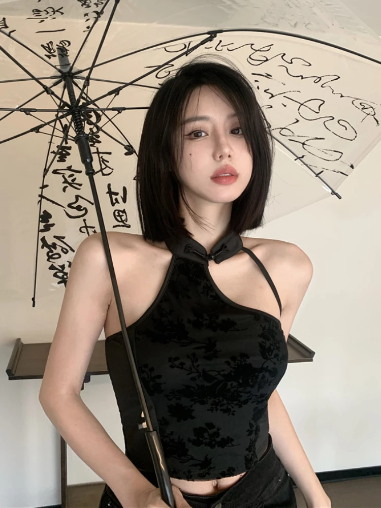 New Chinese Style Irregular Camis Women Autumn Elegant Temper Ink Print Sexy Halter Backless Fashion Party Romantic Crop Tops