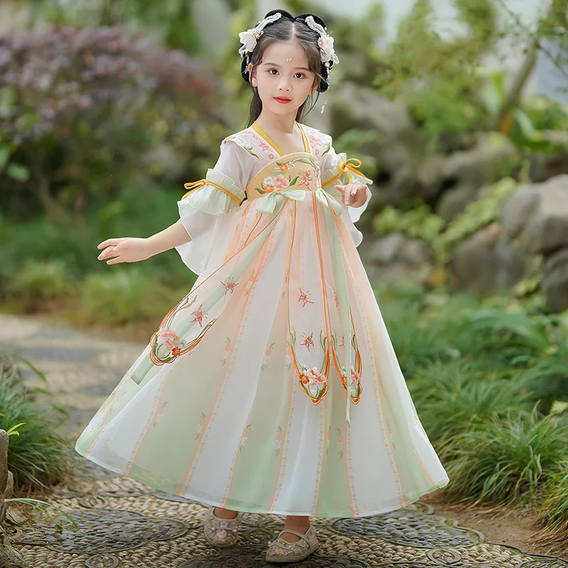 

Summer Chinese Style Traditional Floral Embroidery Dresses Kids Fairy Ancient Costume Children Cosplay Folk Dance Hanfu