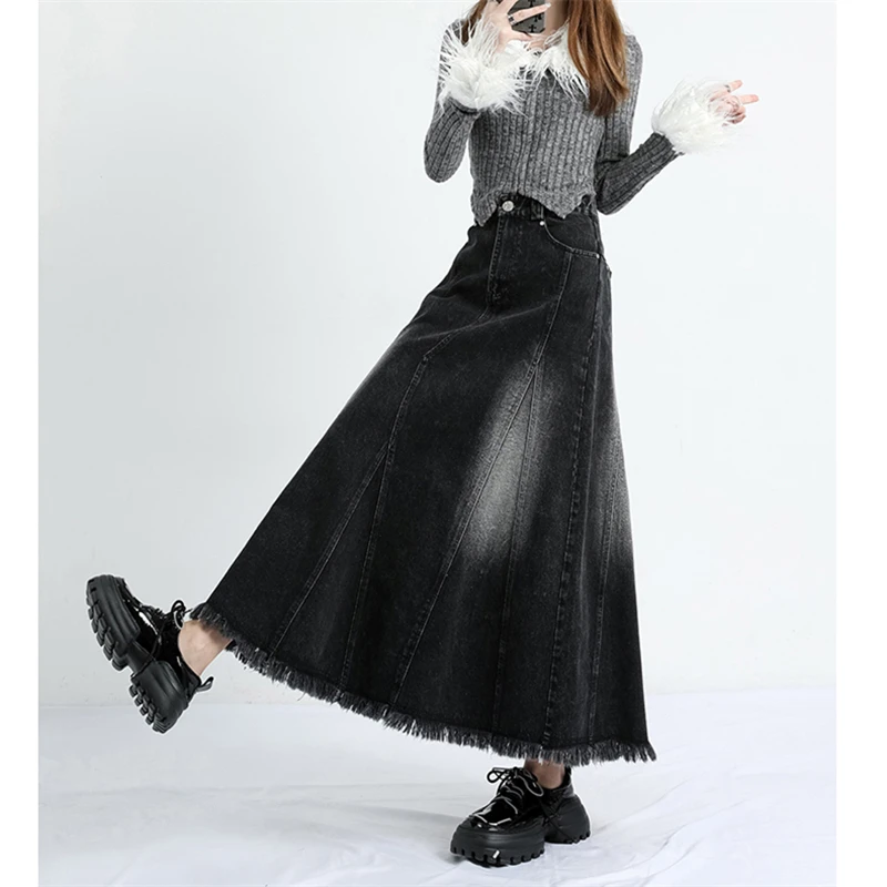 

High Waist Umbrella-shaped Black Mid-length Women's Denim Skirt Spring Summer New Simple Street Style A-line Skirt Female