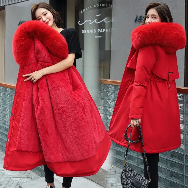 2022 New Winter Jacket Women Parka Fashion Long Coat Wool Liner Hooded  Parkas Slim With Fur Collar Warm Snow Wear Padded Clothes