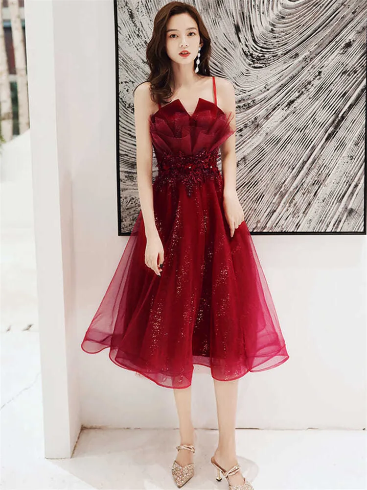 Wine Red Dress Women Spring Summer New Solid Color Sequin