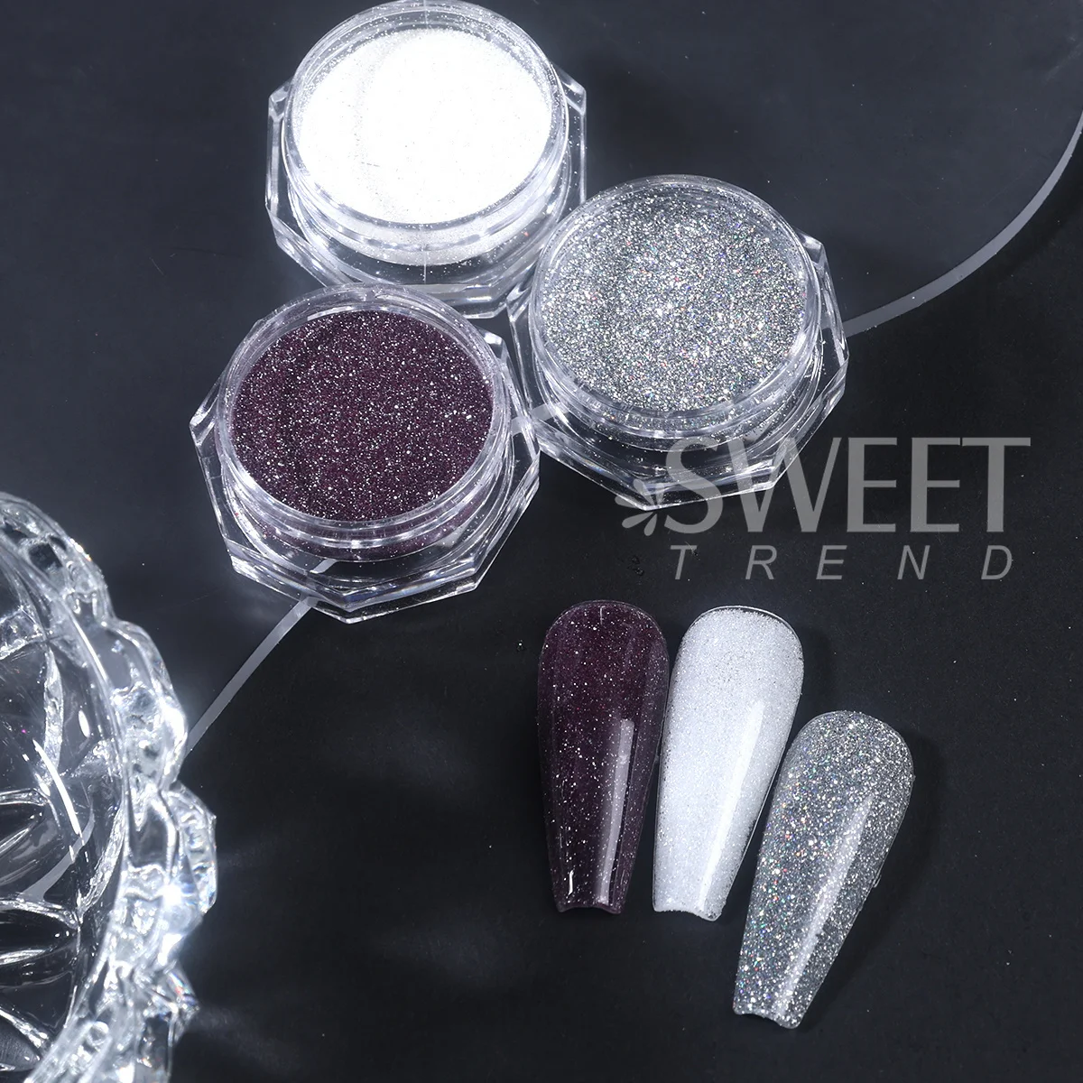 3PCS Reflective Glitter Nail Powder Sparkle Silver Dark Purple White Chrome Dust Shimmer Diamond Elegant Wedding Manicure Flash