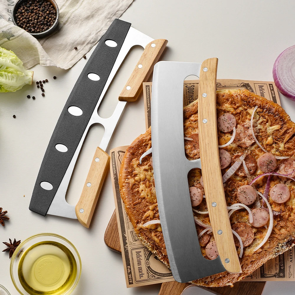 Wooden Handle Large Pizza Cutter Sharp Rocker Blade Stainless Steel Pizza Slicer Knife with Cover Kitchen Tool Accessories pizza knife,pizza cutter