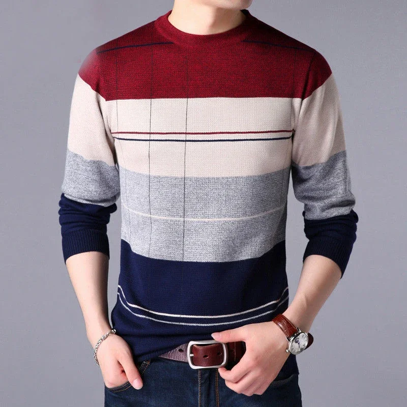Spring Autumn Vintage Striped Print Long Sleeve Sweaters for Men All Match Pullovers Keep Warm Loose Casual Fashion Male Clothes