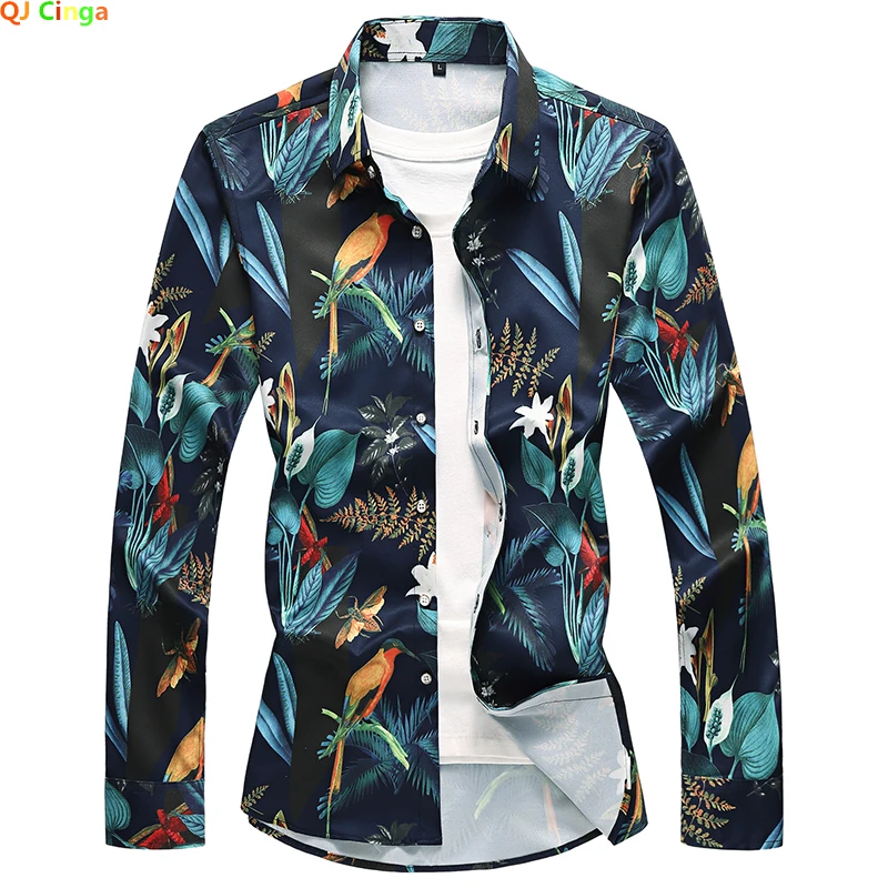 

Small Stretch Long Sleeve Shirt Men's Fashion Casual Printed Shirts Single Breasted Square Collar Tops Camisa Male Chemise M-7XL